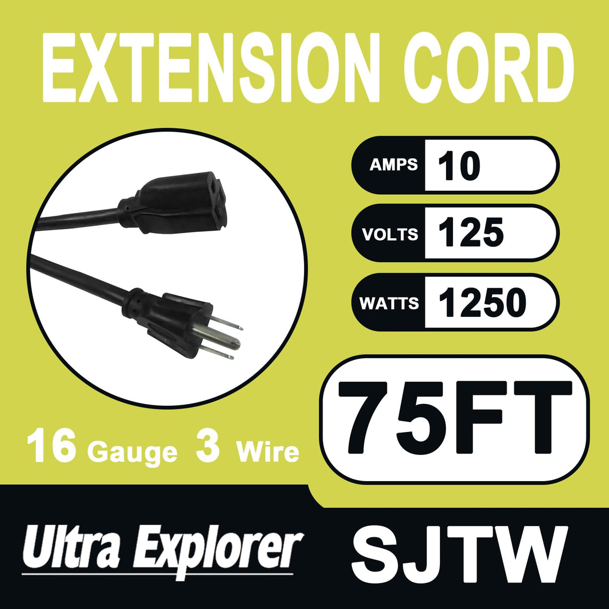 75 Ft 16/3 Outdoor Extension Cord Waterproof - 16 Gauge 3 Prong Electric Cord, SJTW, 13A 1625W 125V, Grounded Plug Extension Wire, Black Ultra Explorer