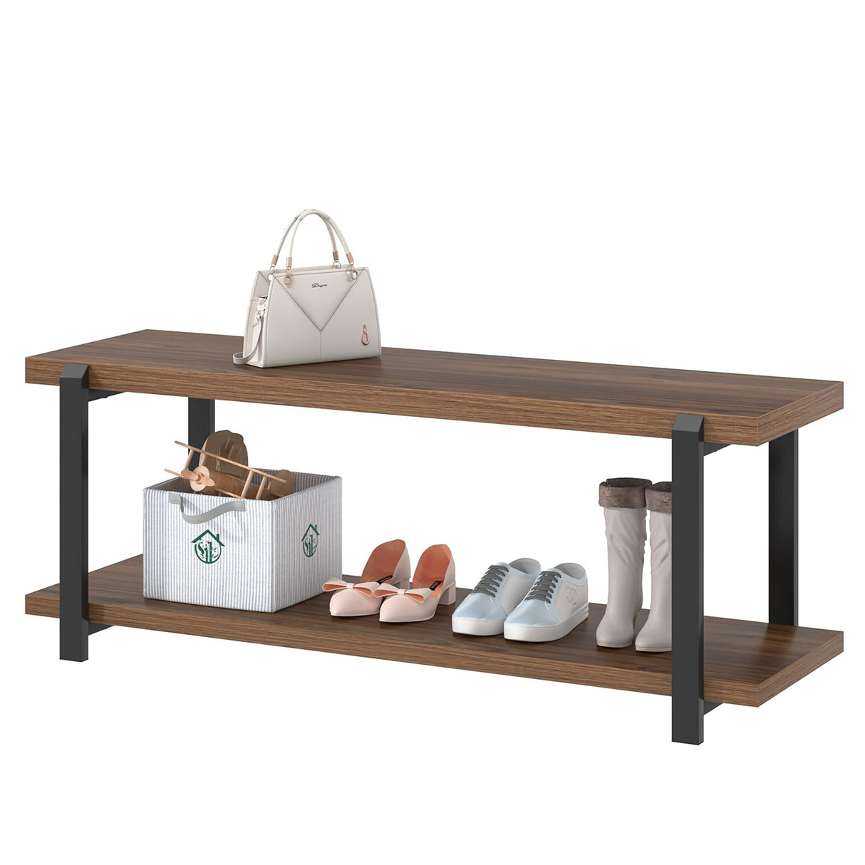 FOLUBAN Entryway Bench with Shoe Storage, Modern End of Bed Bench, Wood and Metal Entry Bench for Hallway Front Door Entrance, Industrial Indoor Bench for Bedroom Living Room, Rustic Walnut, 47 Inch FOLUBAN