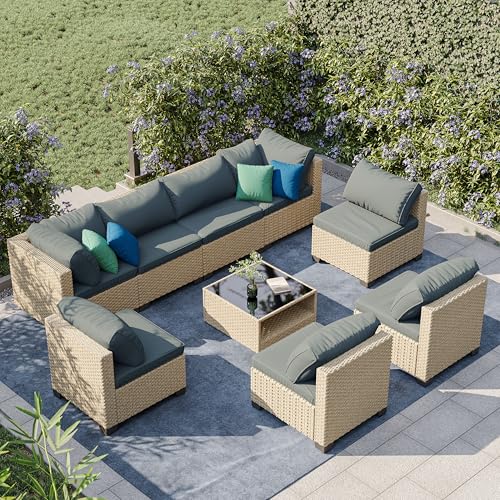 9-Piece Patio Furniture Set, Outdoor Wicker Conversation Set Sectional Sofa with Waterproof Thick Cushions and Coffee Table, Grey Earth patio