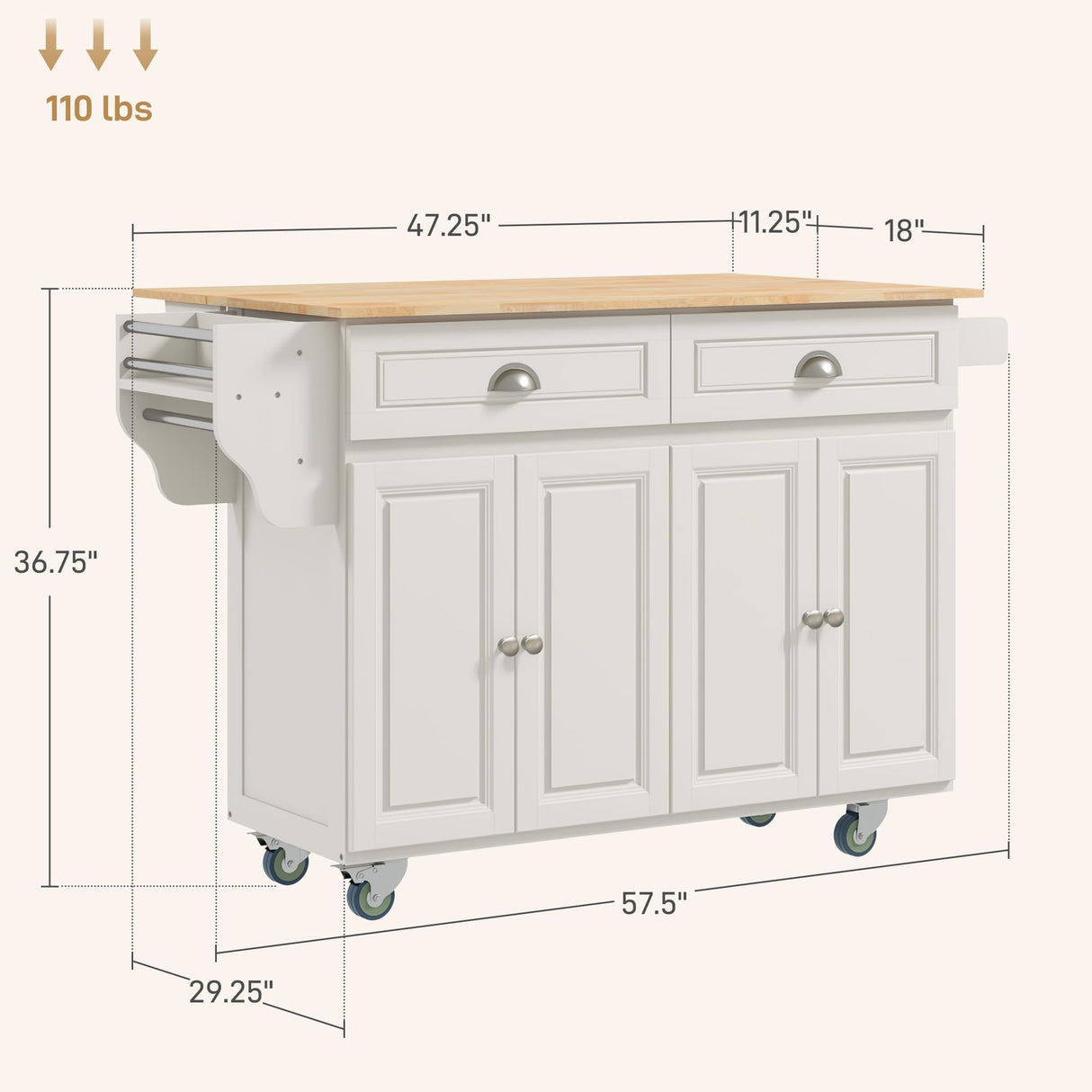 HOMCOM Rolling Kitchen Island Drop Leaf, Kitchen Cart on Wheels, Solid Wood Top Breakfast Nook with Storage Drawers, 4-Door Cabinets and Spice Rack, Cream White HOMCOM