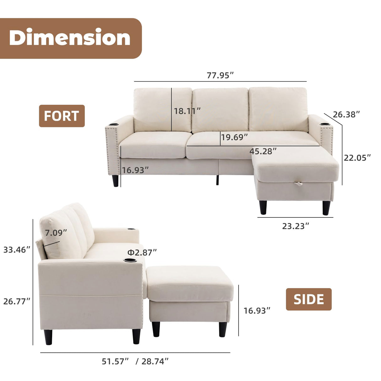 Siiejia Convertible Sectional Couches for Living Room, L-Shaped Couch 3 Seats Sofas with Storage Chaise & 2 Cup Holders, Small Sofa for Apartment, Compact Spaces, Beige Siiejia