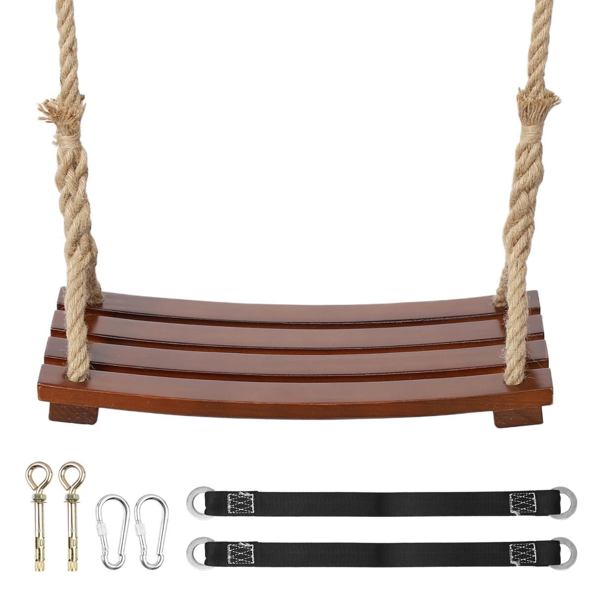 Wooden Tree Swing,500lbs Load Capacity Wooden Swing for Adults & Kids,Adjustable Height,Waterproof Hanging Swing Seat for Indoor,Outdoor,Backyard,Garden,Playground (Chocolate curved swing) BATTIPAW