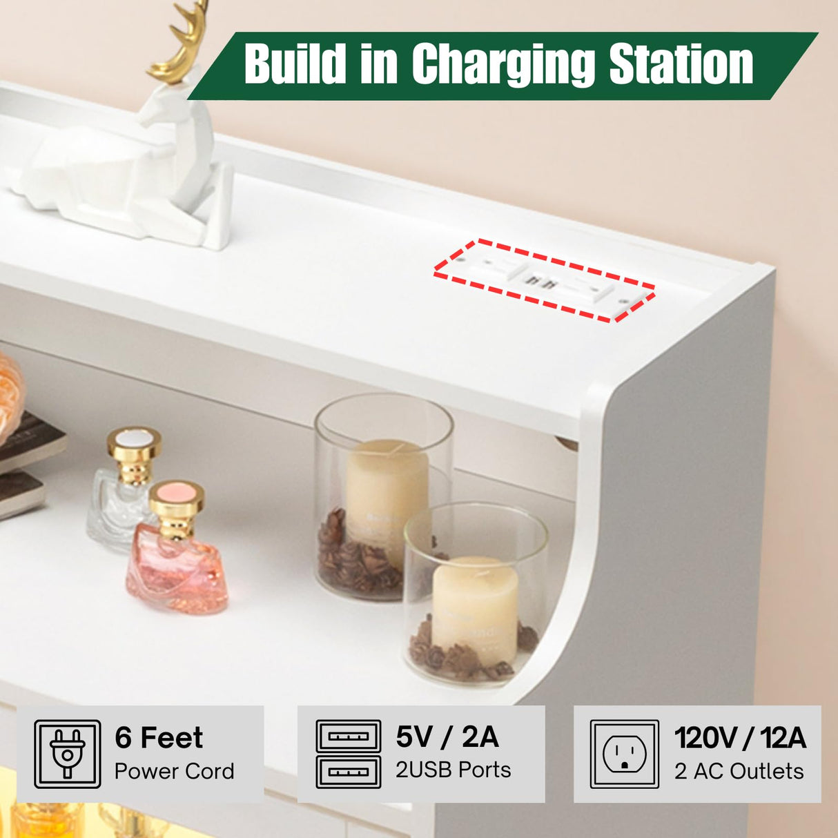 Karl home White Dresser for Bedroom, 4 Drawer Dresser with LED and Charging Station, Wooden Chest of Drawers with Shelf and Glass Drawer, Modern Bedroom Furniture, Living Room, Hallway Karl home