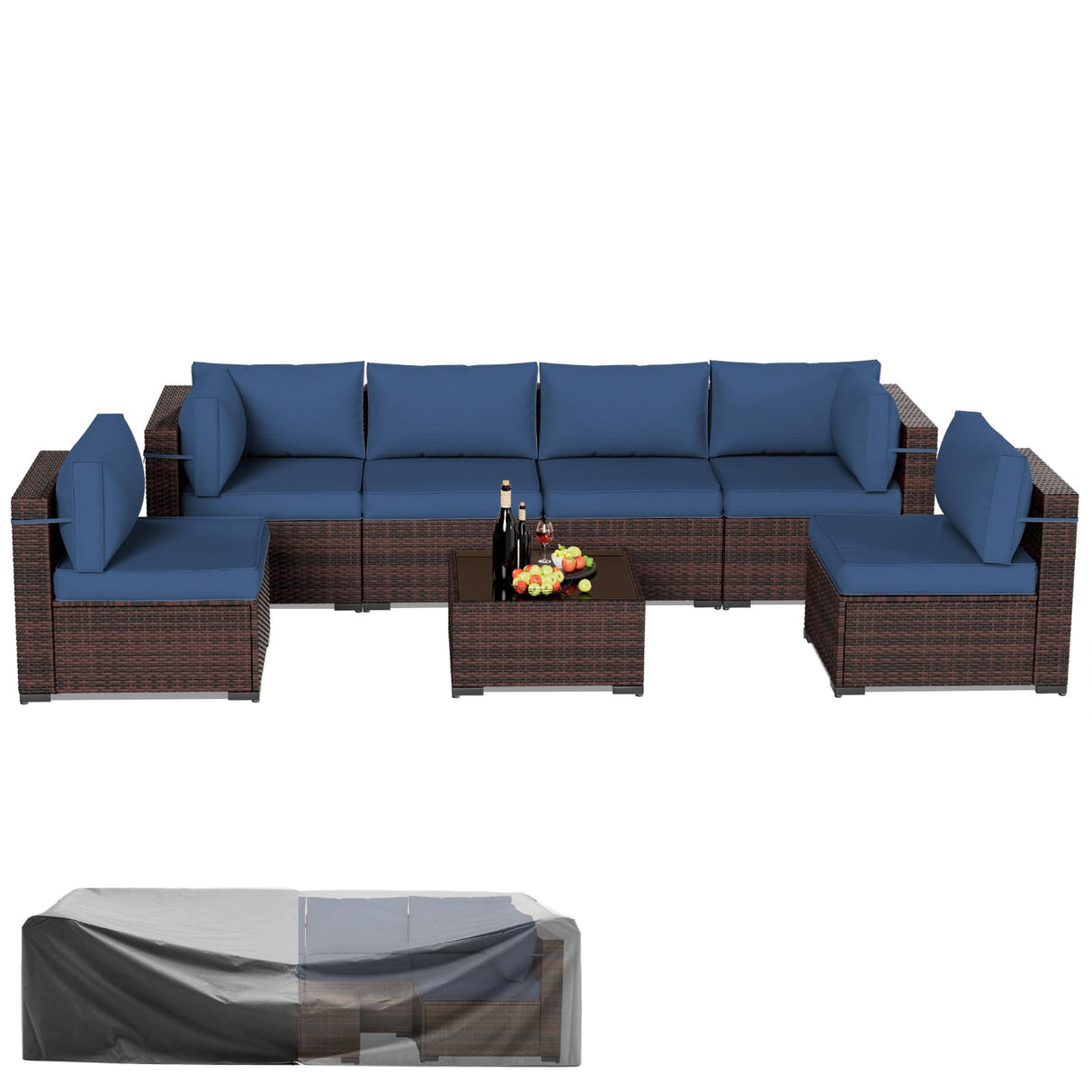 Amopatio Patio Furniture Set 7 Pieces Patio Conversation Set Outdoor Sectional Wicker Rattan Sofa with All-Weather Cover, Patio Furniture with Pillows Fits Porch Garden Backyard Balcony (Navy) Amopatio