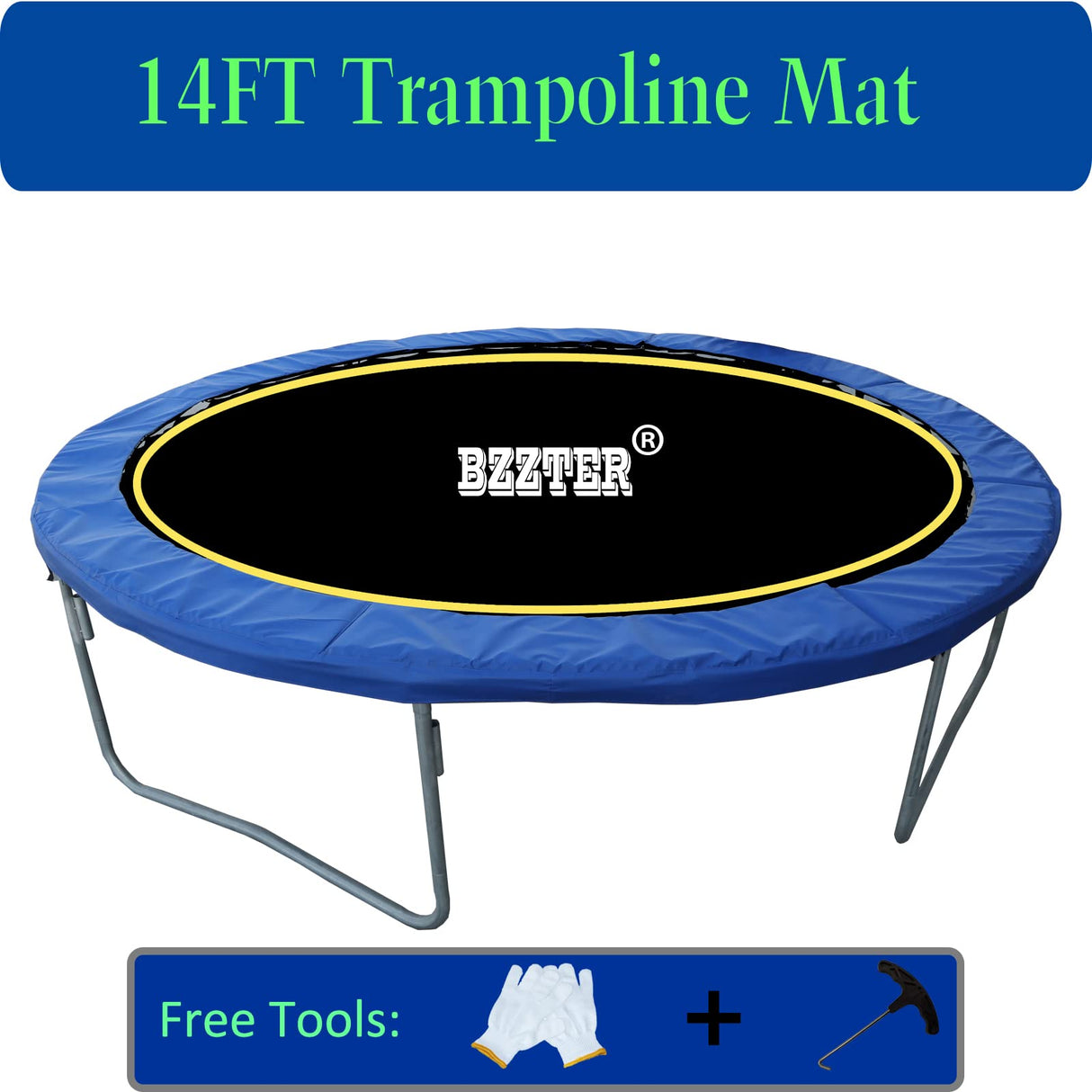 Bzzter Replacement Trampoline Mat,Fits 14ft Round Frame,with 72 Rings &147.6 Inch Diameter, Fits 6.5"-7.0" Spring,10 Rows of Stitching for Longer Lasting,w/Pull Hook and Gloves,14ft Trampoline Mat Bzzter
