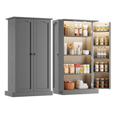 FJTJBSI 50" LED Kitchen Pantry Cabinet with 3 Adjustable Shelves and 2 Doors Wood Pantry Storage Cabinet with Handle for Kitchen Living Room and Dinning Room Grey