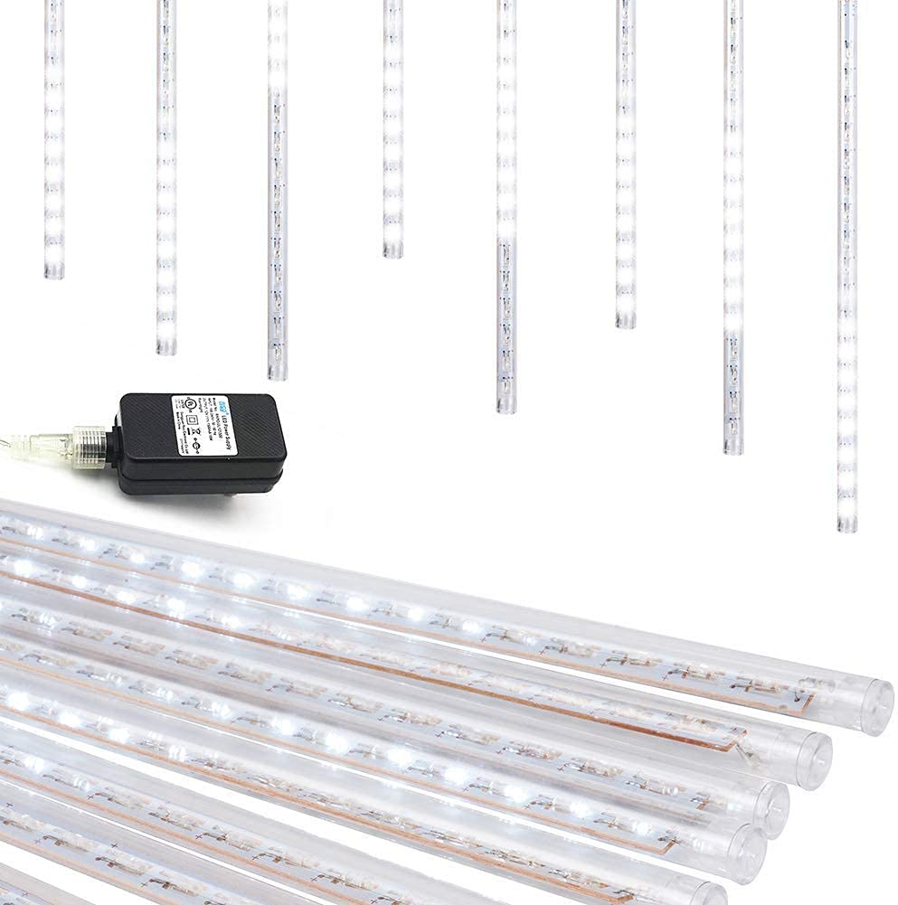 Weepong Christmas Lights Outdoor UL Certified Meteor Shower Lights 12Inch 8Tubes 192LED Falling Rain Drop Lights Icicle Snow Cascading Xmas Lights for Tree Wedding Party Garden Decoration,White Weepong