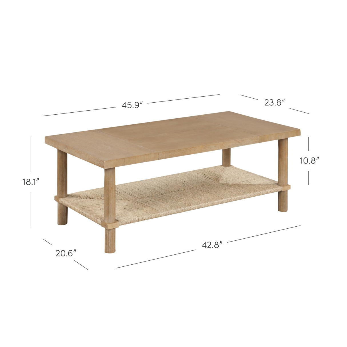 Nathan James Beacon Bohemian Coffee Table with Storage, 2-Tier Rectangle Coffee Table with Solid Wood Legs and Seagrass Shelf, Light Brown Nathan James