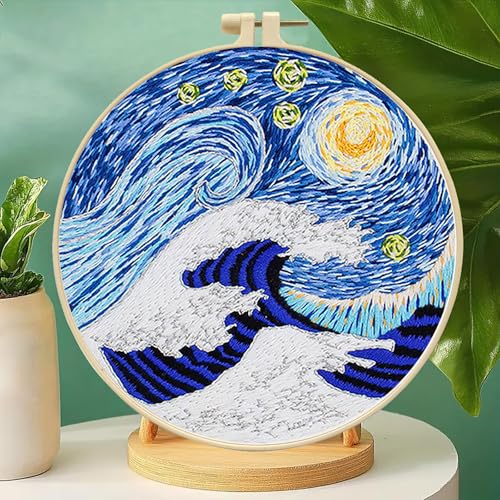 Zhenqing Wave & Starry Sky Embroidery Kit - 29x29cm Printed Fabric, Hoop & Full Tools for Beginners(S-CX0470)