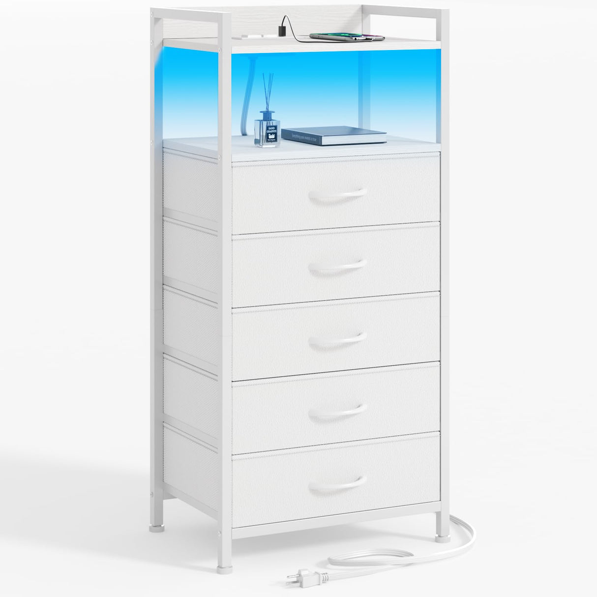 Furnulem White Nightstand with 5 Storage Drawer, Tall Dresser for Bedroom with Led Light and Charging Station, Side Table Nightstand for Closet, Fabric Bins, Metal Frame, Wood Shelf(White) Furnulem