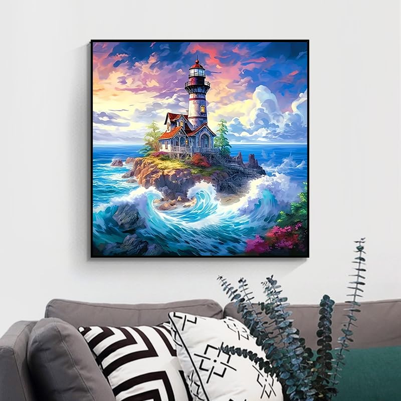5D Diamond Art Kits for Adults Beginners Ocean Beacon,Sea Tower DIY Full Round Drill Diamond Painting Kits,Lighthouse Paint by Diamonds Dots Gem Art Easy,Home Wall Decor 14X14 Inch Acelii
