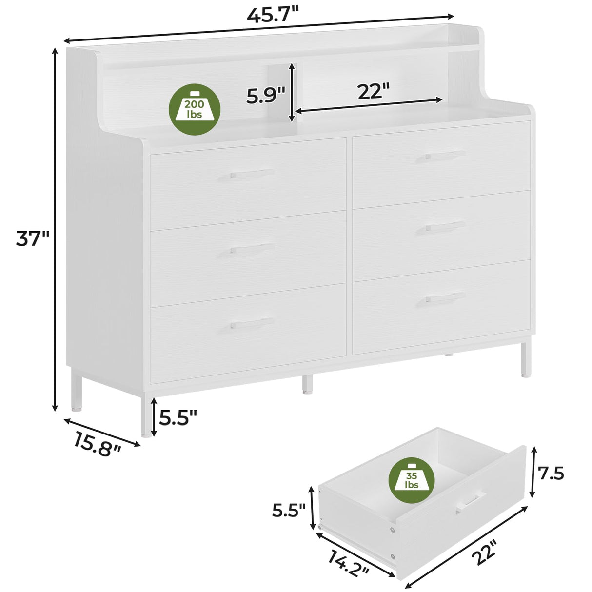 Hasuit 6 Drawers Double Dresser with Shelves, Large Wooden Storage Tower Organizer, Wide Chest of Drawers, White Dresser for Bedroom, Living Room, Entryway Hasuit