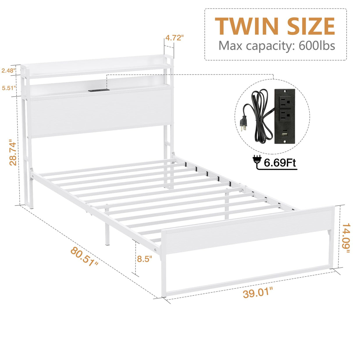 Elephance Twin Bed Frames with Charging Station and Storage Headboard, No Box Spring Needed, Noise Free, Easy Assembly Elephance