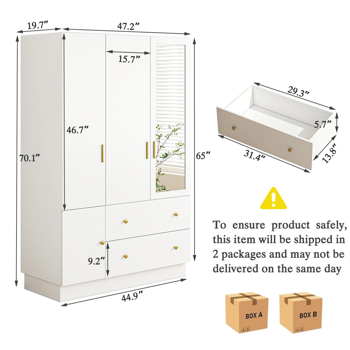 DalyLuxa 3 Doors Armoire Wardrobe Closet with Mirror & Organizers, LED Wooden Bedroom Armoires with Hanging Rod for Bedroom, White DalyLuxa