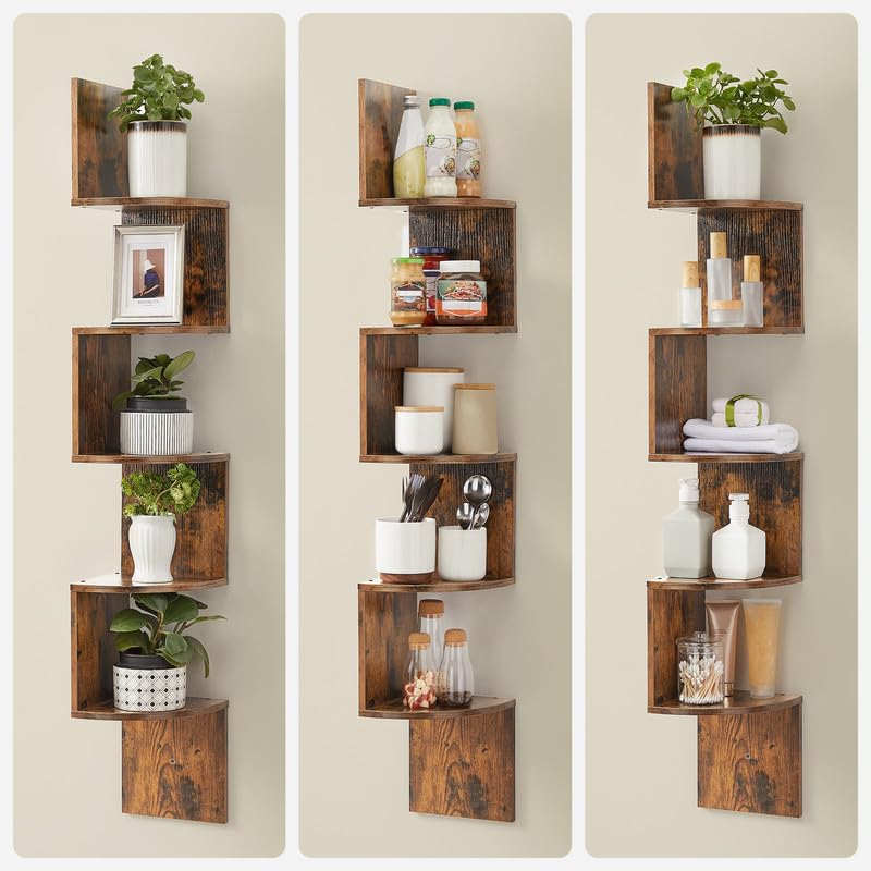 VASAGLE Corner Shelf Wall Mount, 5-Tier Floating Corner Bookshelf, Plant Shelf for Bedroom, Living Room, Bathroom, Home Office, Rustic Brown ULBC72BX VASAGLE