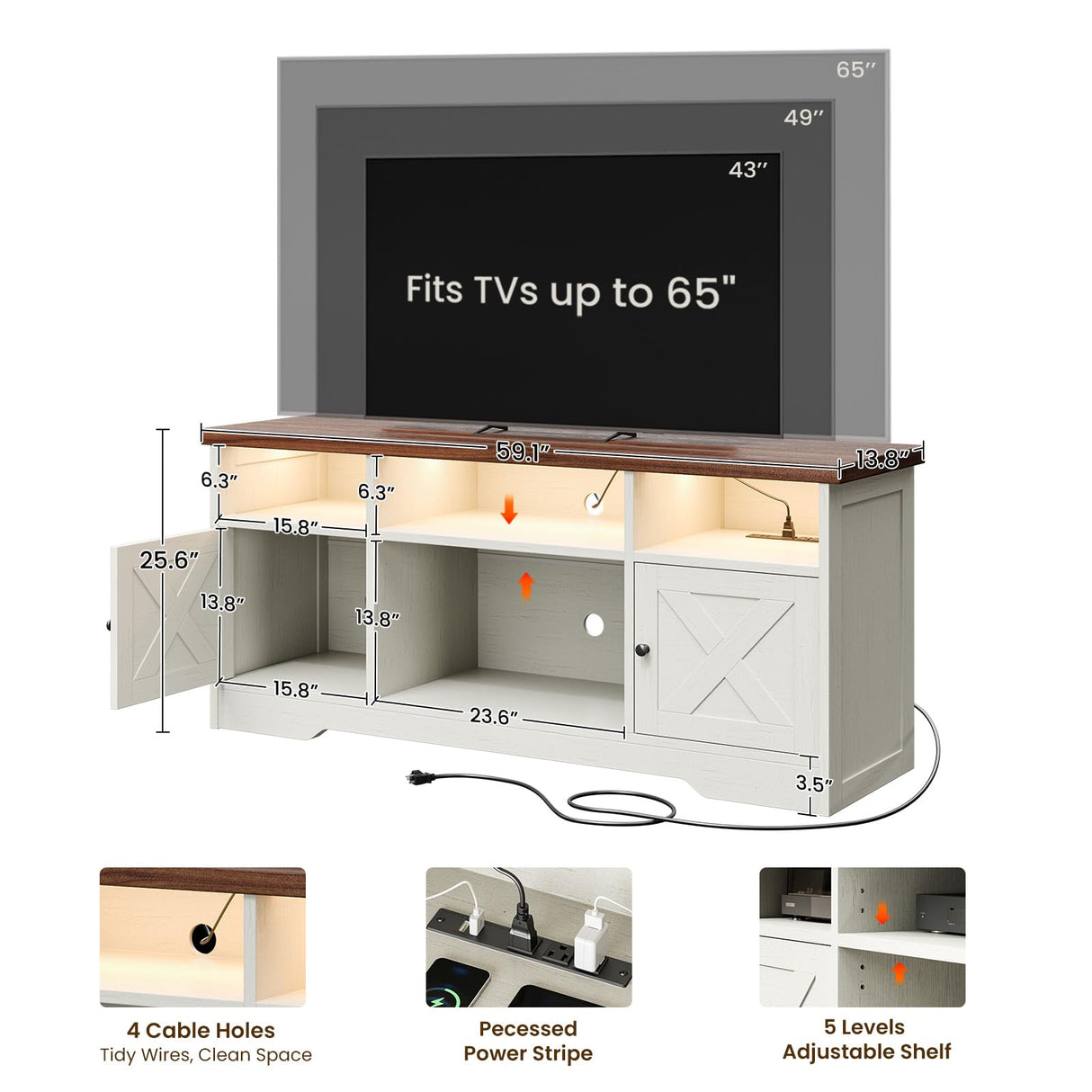 Casaottima TV Stand for 65 Inch TV, Farmhouse Entertainment Center with Power Outlet & LED Light and Storage Cabinets, Console Table and Media Furniture for Living Room Bedroom, White Casaottima