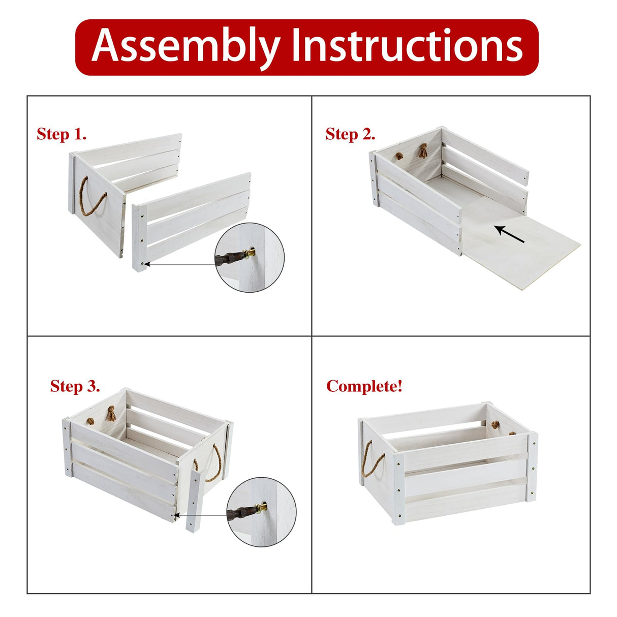 ROSOS Wooden Crates, Farmhouse Wood Crates for Storage with Rope Handles, Solid Wooden Crates for Display, Durable Wooden Crate Box, Handmade Wooden Box, Wooden Crates for Decor, White Crate, 2 Pack ROSOS