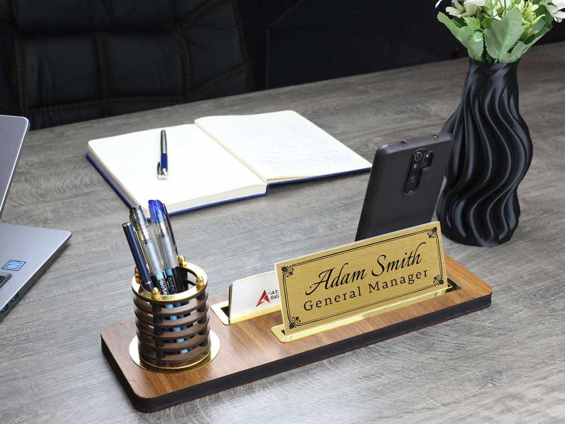 Personalized Luxury Desk Name Plate | Wooden Desk Name Plate with Pen and Cardholder, Custom Desk Name Plate, Office Sign, Desk Sign Generic