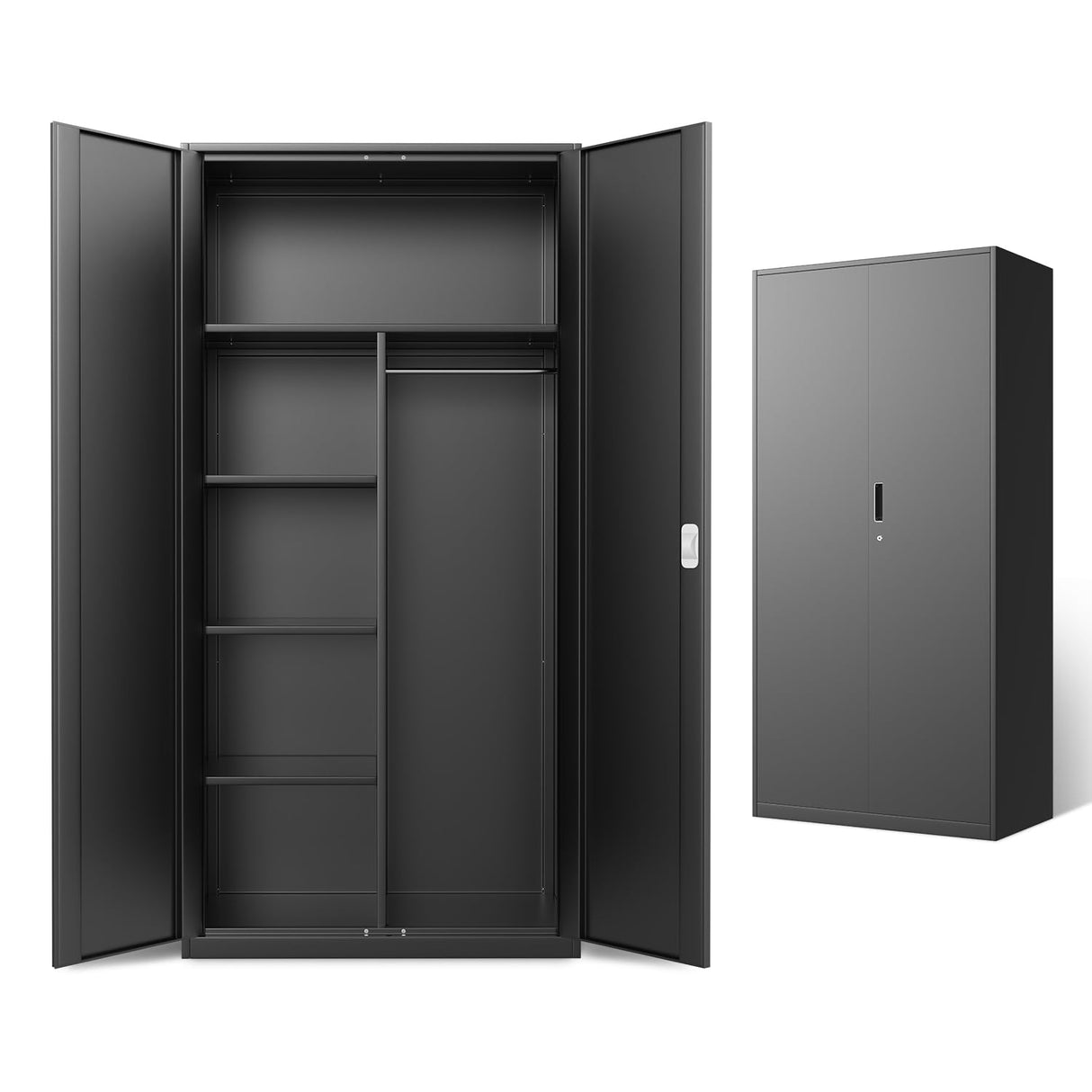 DNA MOTORING Metal Storage Cabinet, 72" Storage Wardrobe with Lock and Hanging Rod, Locking Cabinet Heavy Duty Utility Cabinet with 4 Shelves for Garage,Office,Home,Gym, Black, TOOLS-00633-BK-BK DNA MOTORING