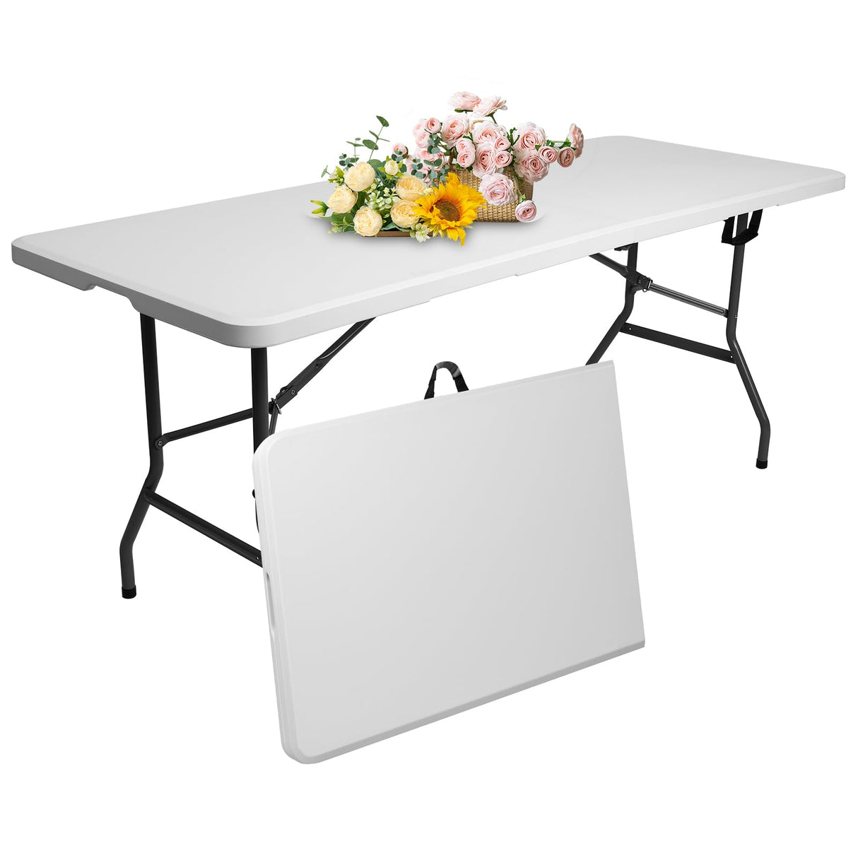 USEFULTEK Plastic Folding Table 6ft for Camping, Party, Dining, Barbecue, Picnic with Carrying Handle, Locks - White USEFULTEK