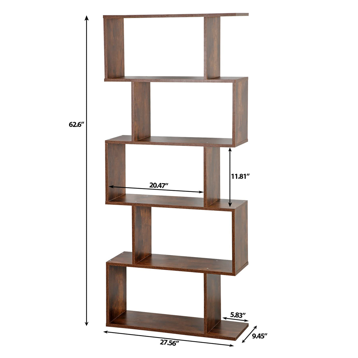 ZENY Geometric Bookcase, 5-Tier Bookshelf, S-Shaped Display Shelf and Room Divider, Freestanding Decorative Storage Shelving for Home Office, Rustic Brown ZENY