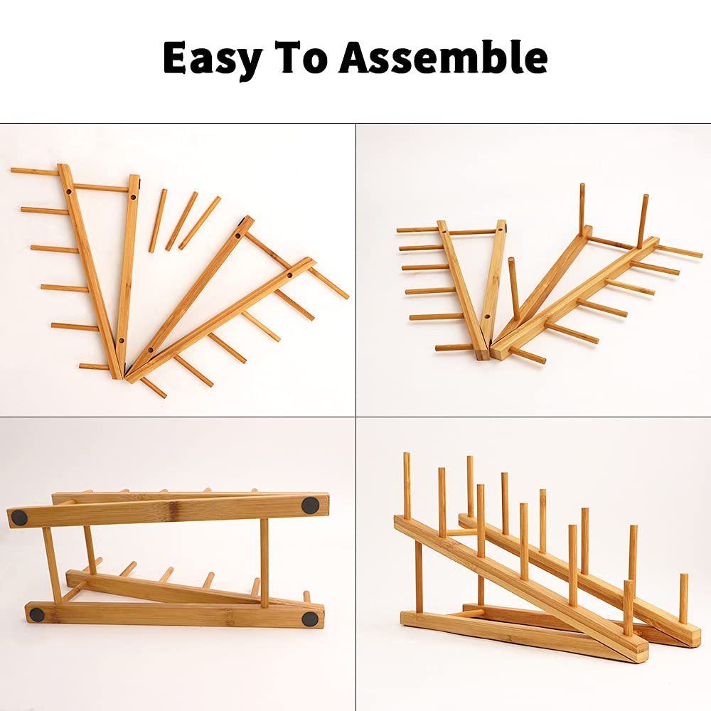 TIE-DailyNec 2 PCS Wooden Dish Rack Bamboo Drying Rack Stand Pot Lid Holder Kitchen Cabinet Organizer for Dish Plate Bowl Cup Pot Lid Cutting Board TIE-DailyNec