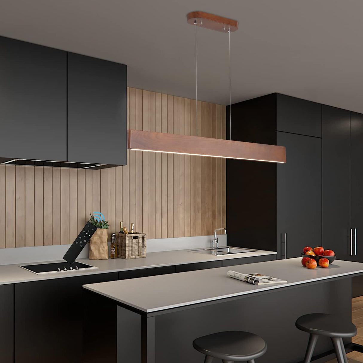 YISDESIGN 39.4" Wood Linear Pendant Light 24w Led Dimmable Dining Room Light Wood Kitchen Island Pendant Hanging Light for Kitchen Island Office Lights Walnut Color YISDESIGN