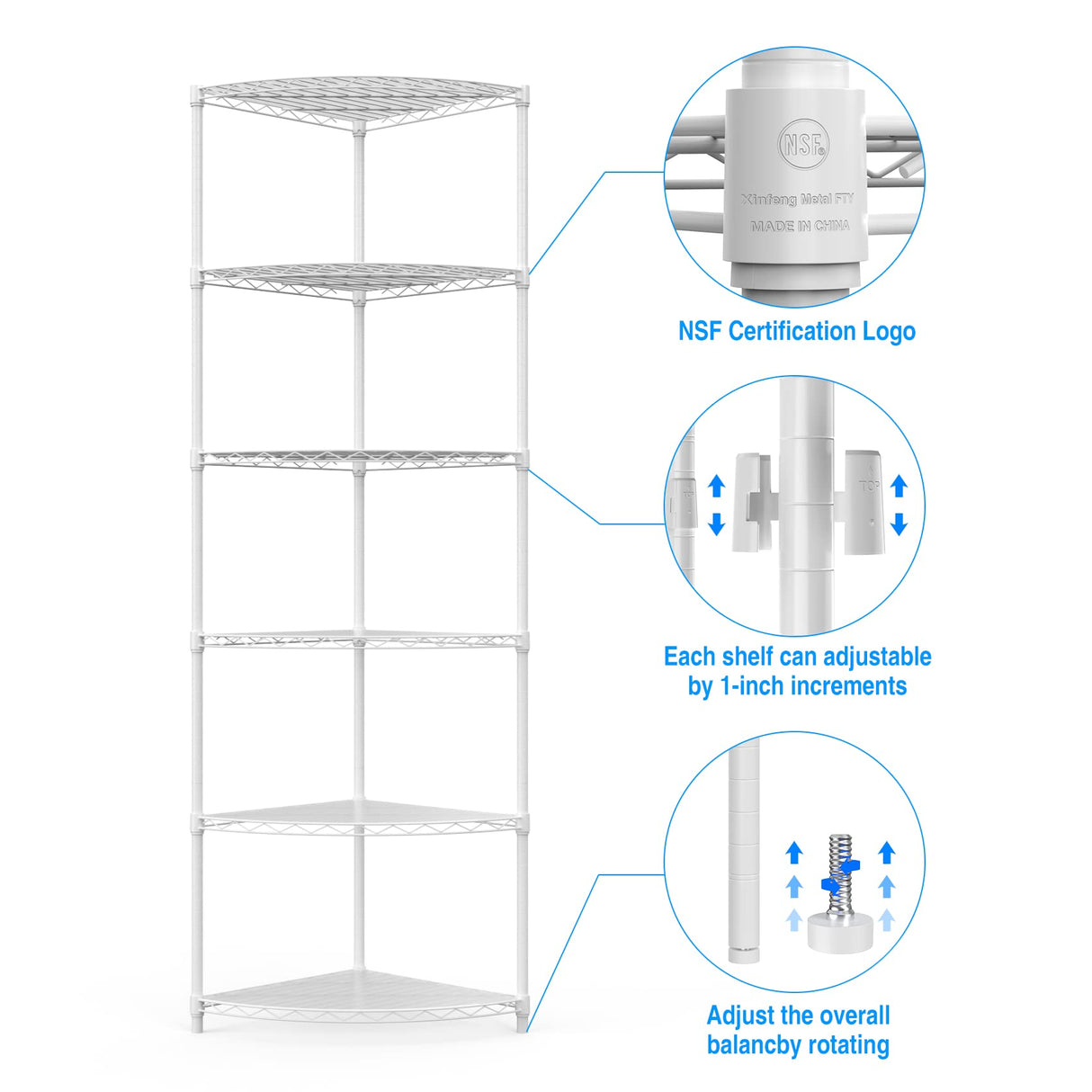 6-Tier NSF Metal Corner Shelf Wire Shelving Unit - 420lbs Capacity, Adjustable, with leveling feet & Shelf Liners - Ideal for Garage, Kitchen, and More - 18" L x 18" D x 72" H - Fan-Shape - White pouseayar