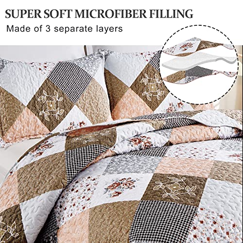 Dinjoy Floral Plaid Patchwork Quilt Set Twin Size, Reversible Brown Bedding Set Soft Microfiber Lightweight Bedspread Coverlet 3 Piece Fall Autumn Summer Use (68x86 inches) Dinjoy