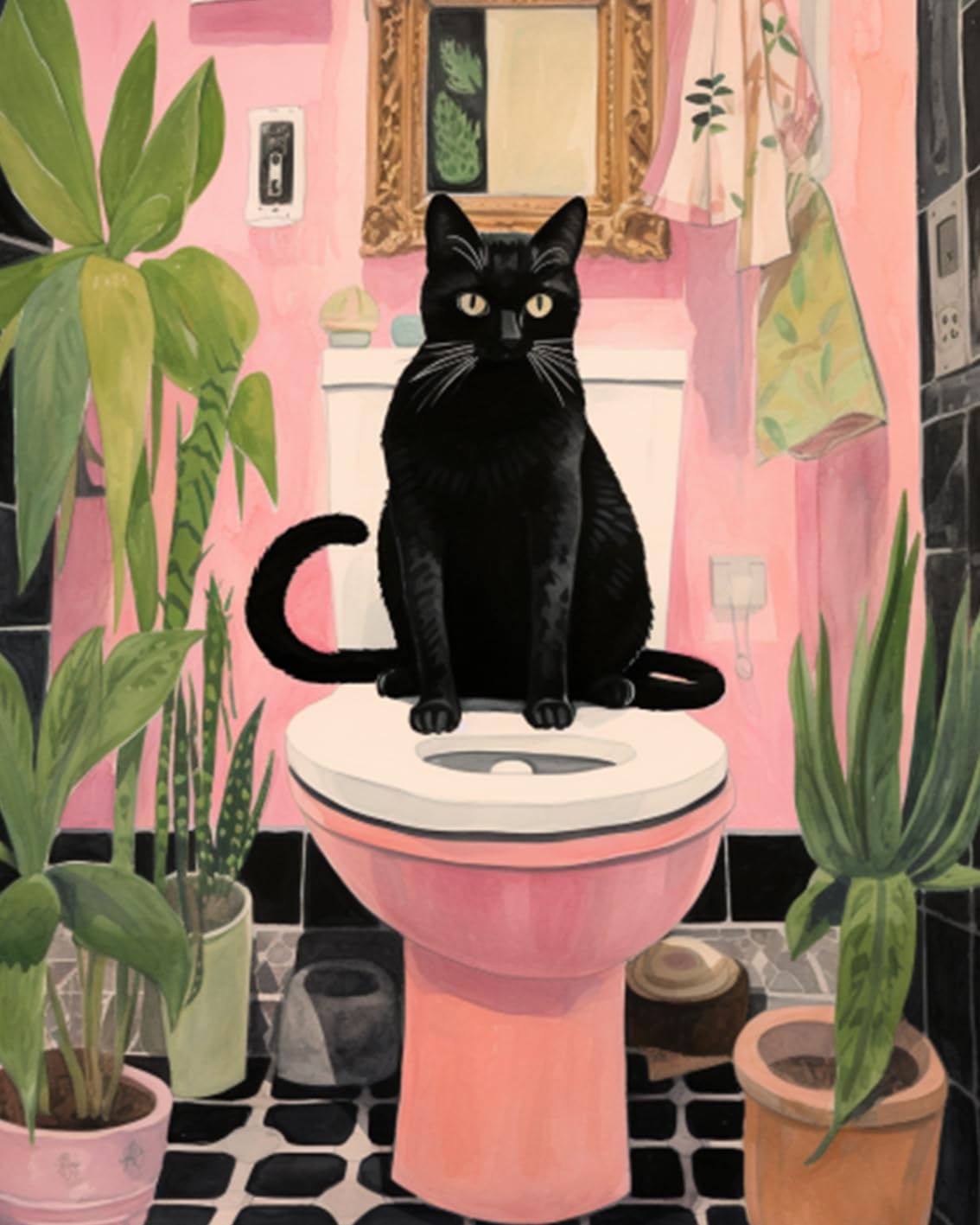 Black Cat Sit on Toilet Oil Painting Paint by Number Kits 16 x 20 inch Canvas Abstract Botanical Pink Green DIY Painting for Kids Students Adults Beginner with Brushes Acrylic Pigment(without Frame) Tucocoo