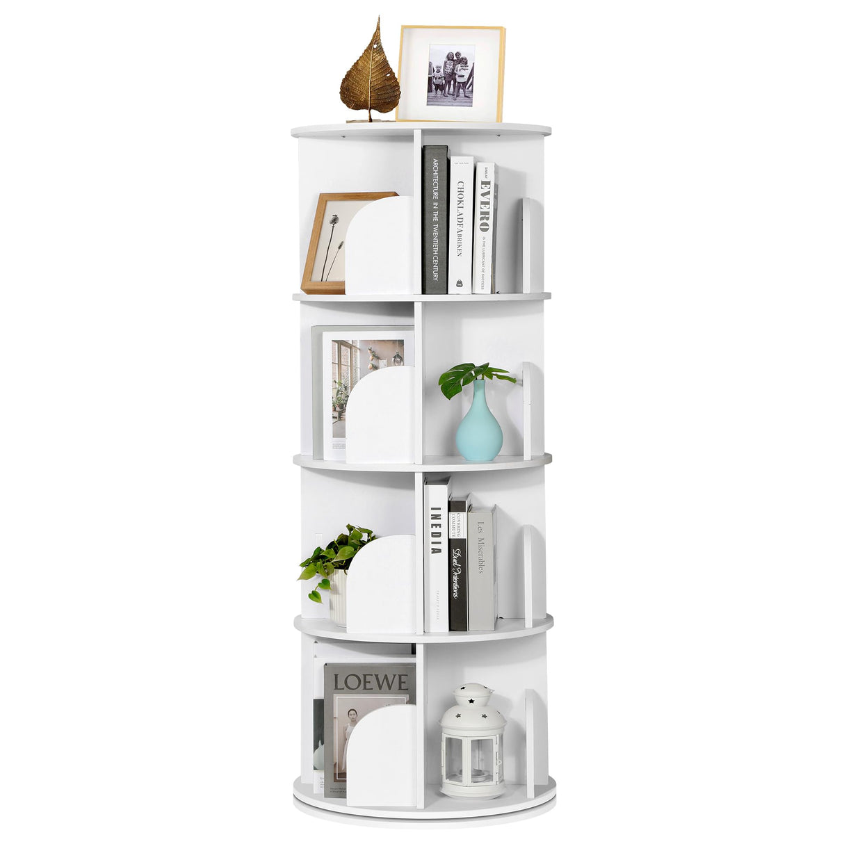 Rengue Rotating Bookshelf Tower, 4 Tiers 360 Spinning Bookshelf Revolving Bookcase Corner Bookshelf Organizer Display Bookshelf for Small Space, Bedroom, Living Room, Office, White Rengue