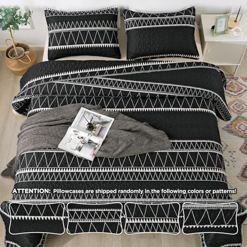 Andency Black Twin Quilt Set, 2 Pieces Boho Lightweight Soft Striped Bedspread for All Season (68"x86"), Printed Bohemian Microfiber Reversible Coverlet Comoforter Sets Andency
