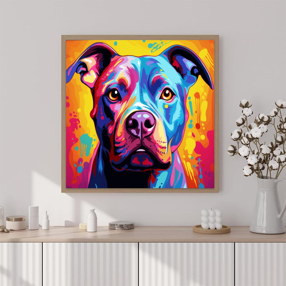 Artunion Framed Paint by Numbers Kit for Adults Beginners & Kids Ages 8-12,Colorful Pitbull Dog Paint by Number with Frame,Dog Animal Paint by Numbers Kit on Canvas 10 * 10 Inch Without Easel Artunion