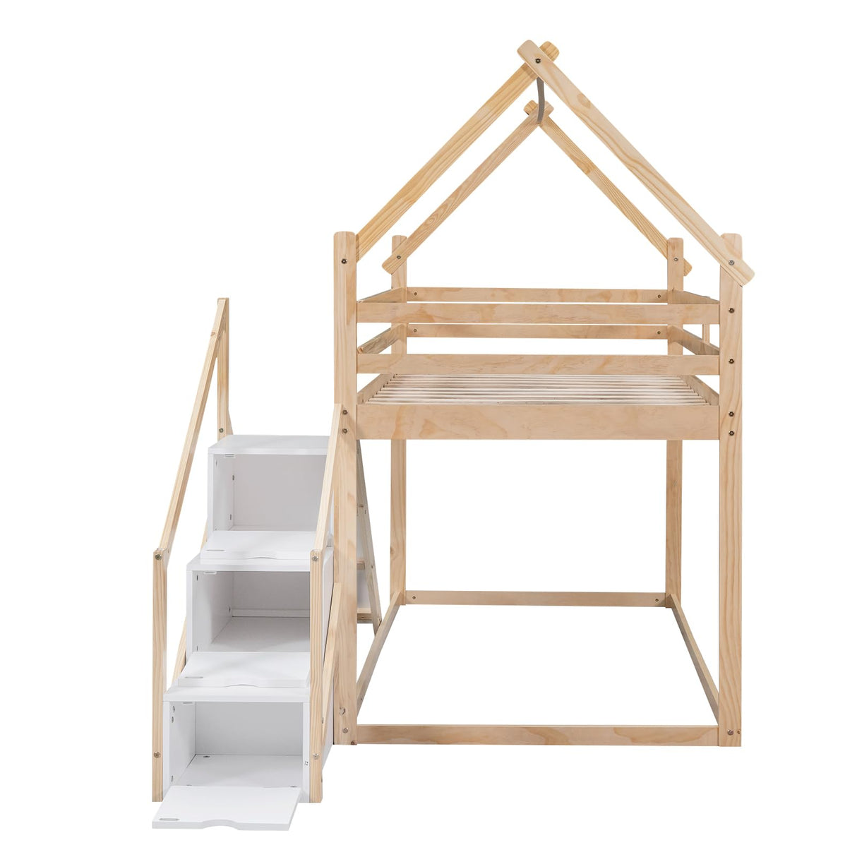 Merax Twin Over Twin Wooden Bunk Bed with Slide and Storage Staircase, House-Shaped Loft Bed Frame for Children's Room, Bedroom, No Box Spring Needed, Easy Assembly, Natural Merax