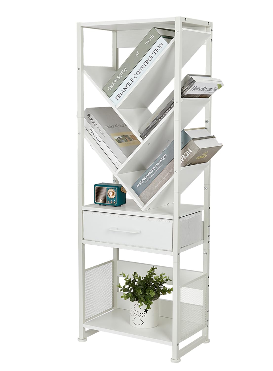 ZEXVIDA Bookshelf with Drawer,8 Tier Tree Bookcase Retro Floor Standing Bookshelves,Tall Wood Bookcases with Cabinet Storage Organizer for Living Room, Bedroom & Home Office, White ZEXVIDA