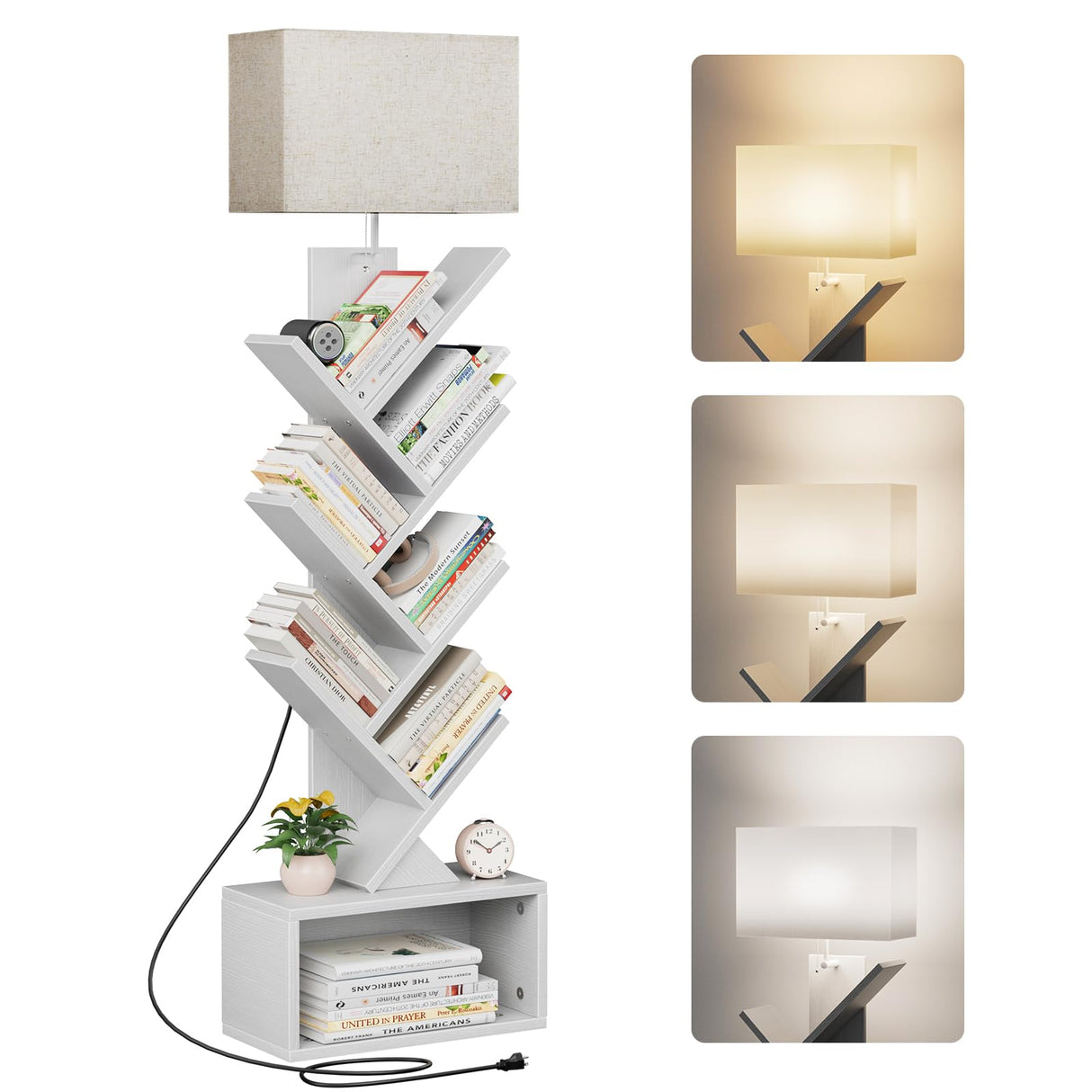 Evermagin 6 Tier Tree Bookshelf with Light, Narrow Bookcase Tower, Tall Floor Standing Book Shelf Organizer with Storage Cabinet for Living Room, Bedroom and Home Office, White Evermagin