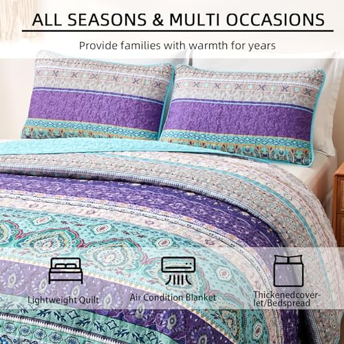 Xruibed Boho Quilt Set Queen,Purple Teal Bohemian Quilt Coverlet 3PCs Soft Microfiber Lightweight Bedspread with 2 Pillowcases for All Season (Queen Size 90"x96") Xruibed
