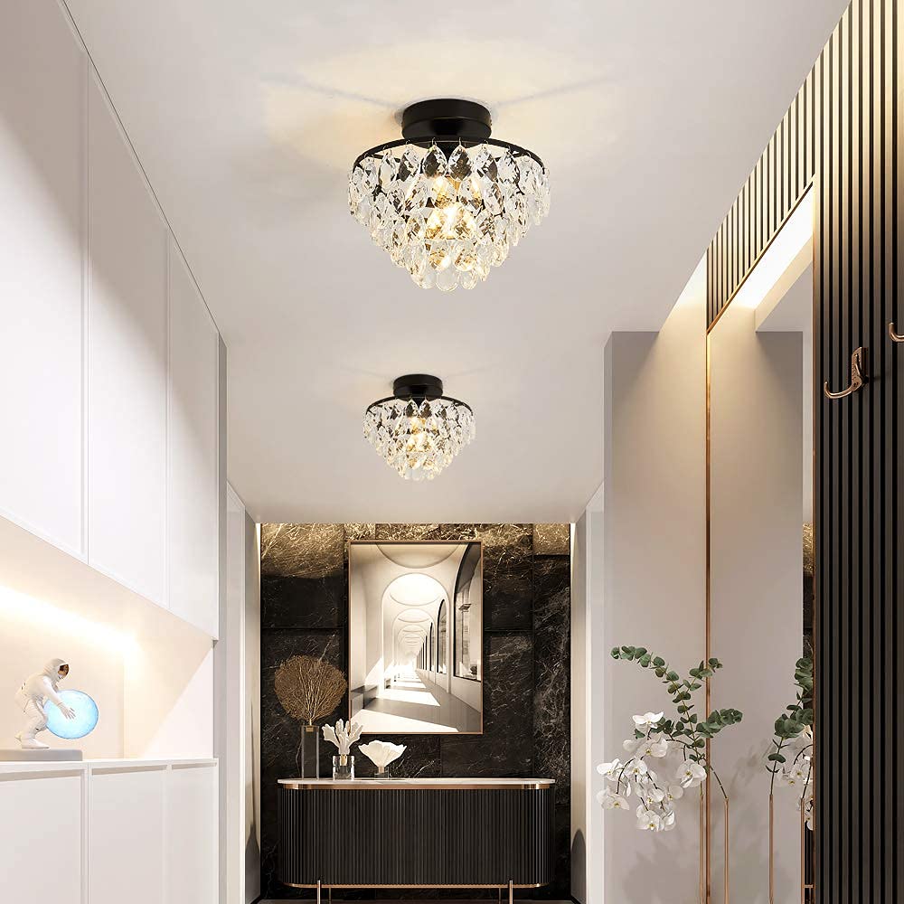 YYJLX Modern Small Crystal Ceiling Light Fixture Mini Black Semi Flush Mount Chandelier Light Fixture for Hallway Bedroom Bathroom Closet e26 YYJLX