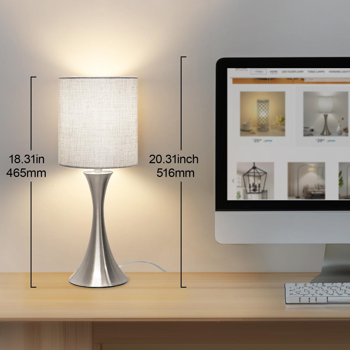 3 Way Touch Control Table Lamp, Dimmable Bedside Desk Lamp with Metal Base Modern Nightstand Lamp Stylish Grey Shade Simple Side Table Lamp for Bedroom, Living Room, Office or Den LED Bulb Included Seaside village