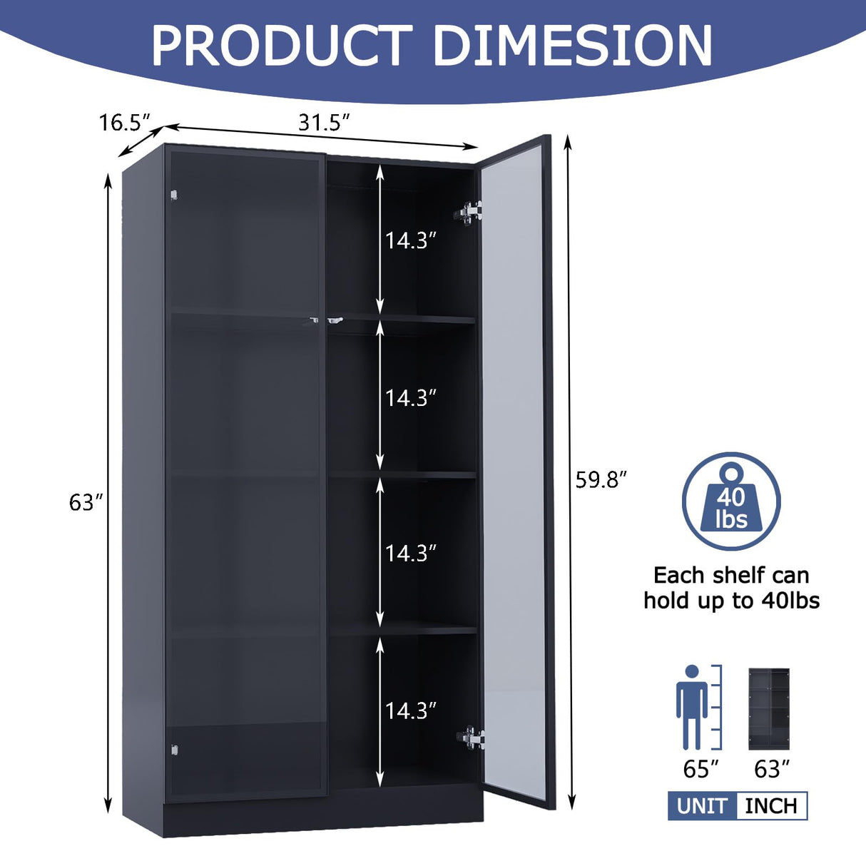 ZORPLIX Display Cabinet with LED Lights, Glass Display Case Cabinet with 4-Tier Shelves, Curio Cabinet with 2 Glass Doors, Storage Cabinet for Collectibles, Living Room ZORPLIX