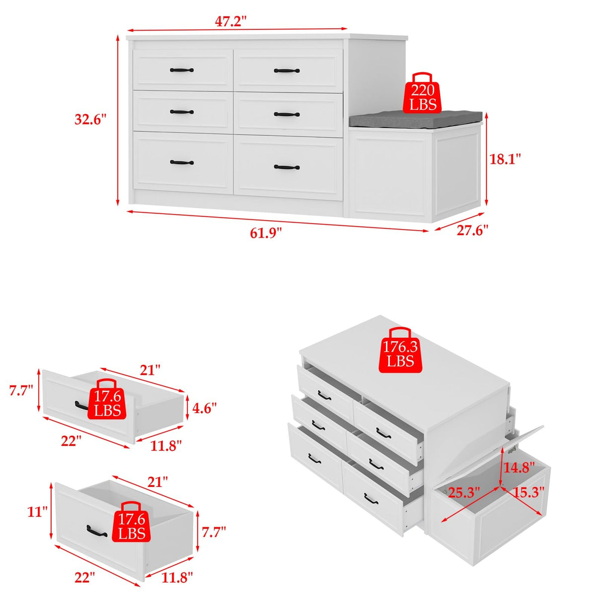 TAMUNE Armoire Bedroom Wardrobe Closet Island with 12 Drawers & Flip Door, Walk in Closet Island with Storage Bench, Islands Dresser for Bedroom Cloakroom White (61.9”W x 27.6”D x 32.6”H) TAMUNE