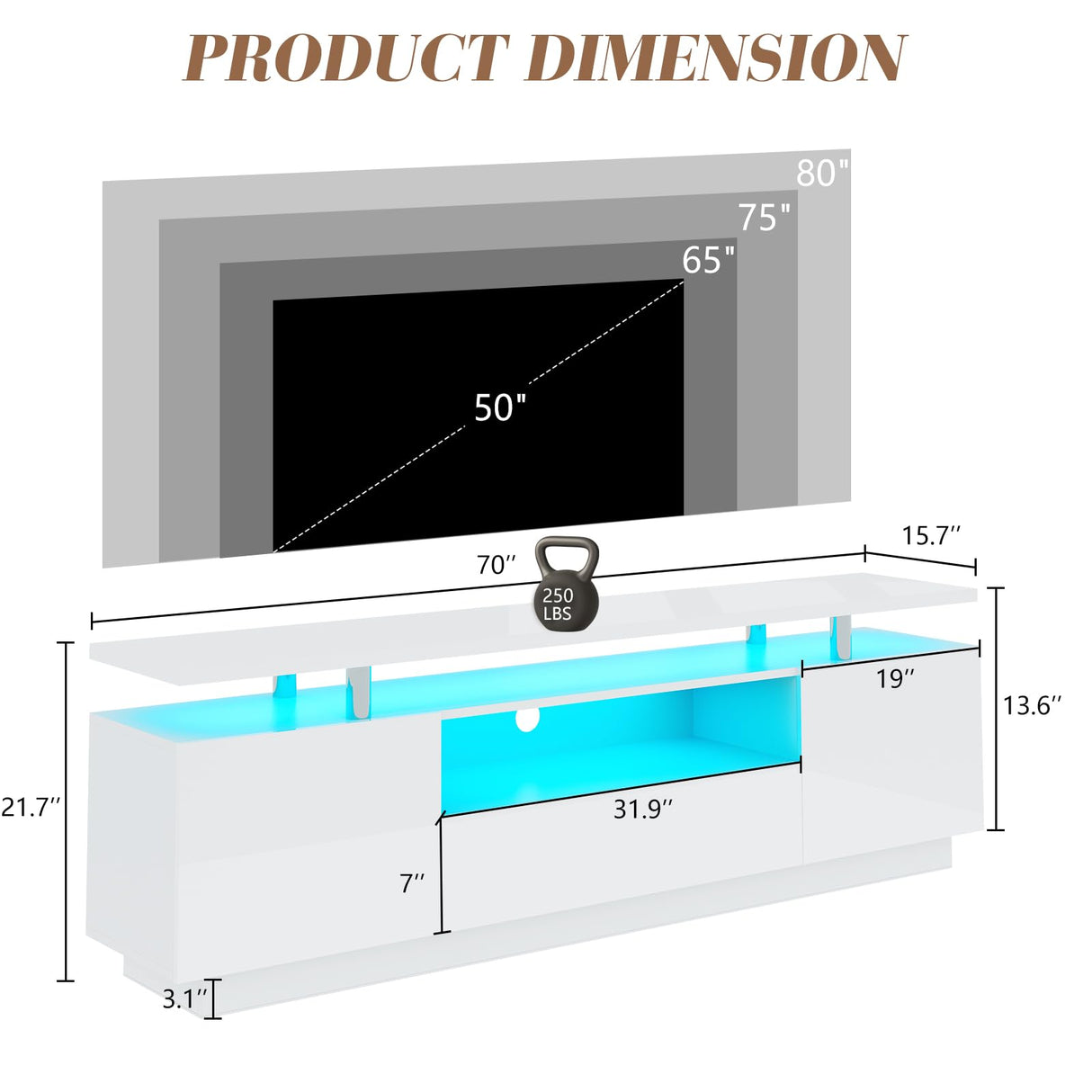 LUXOAK 70in LED TV Stand, Modern Entertainment Center with Open Storage Shelves and Drawer for TVs Up to 80", High Gloss Media for Living Room, Bedroom, Gaming Room, White LUXOAK