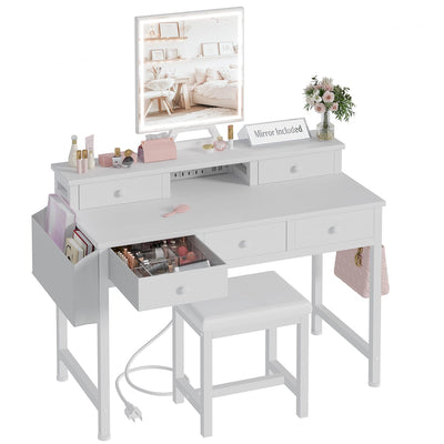 KAI-ROAD White Makeup Vanity Desk with Mirror and Lights, 40 inch Girls Vanity Set with Chair, Make Up Dresser Table with Drawers and Power Outlet for Bedroom Small Space