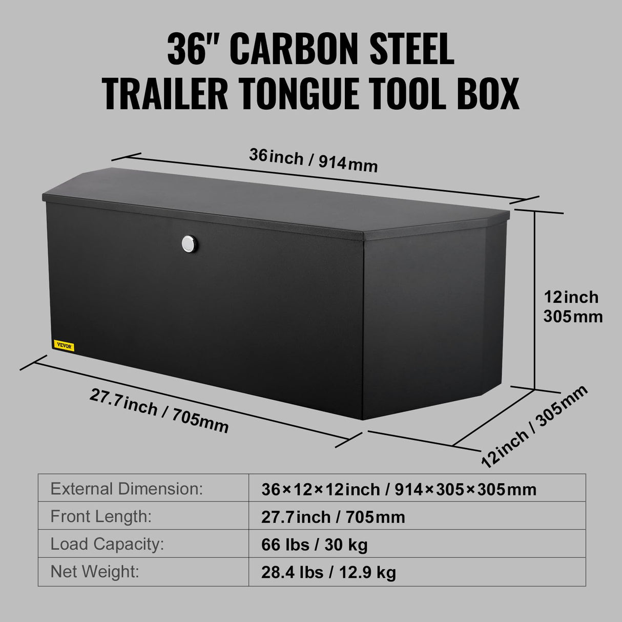 VEVOR Trailer Tongue Box, Steel Tongue Box Tool Chest, 36"x12"x12" Heavy Duty Trailer Box Storage with Lock and Keys, Utility Trailer Tongue Tool Box for Pickup Truck Bed, RV Trailer VEVOR