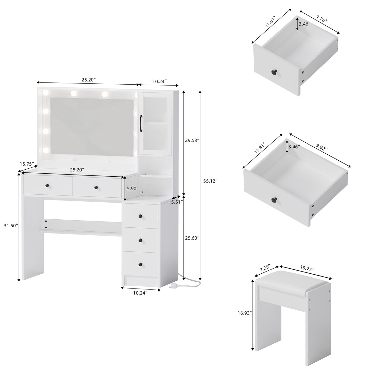 Makeup Vanity with Lights & Charging Station, White Vanity Table with 5 Drawers & Open Storage Shelves, Vanity Desk with Mirror & Lights, Dressing Table Set, Bedroom Makeup Table Set Black Handle TOKSOM