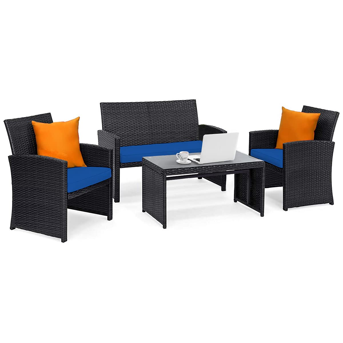 Tangkula 4 Pieces Patio Wicker Conversation Furniture Set, Patiojoy Sofa & Table Set w/4 Seats, Outdoor Rattan Sofa Set for Balcony Backyard, Wicker Chair Set with Tempered Glass Coffee Table Tangkula