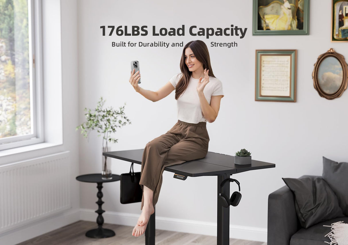 YDN Electric Standing Desk Adjustable Height, 48 x 24 Inches Stand up Desk with Cable Management, Home Office Desks with Splice Board & Black Frame, Black Top YDN