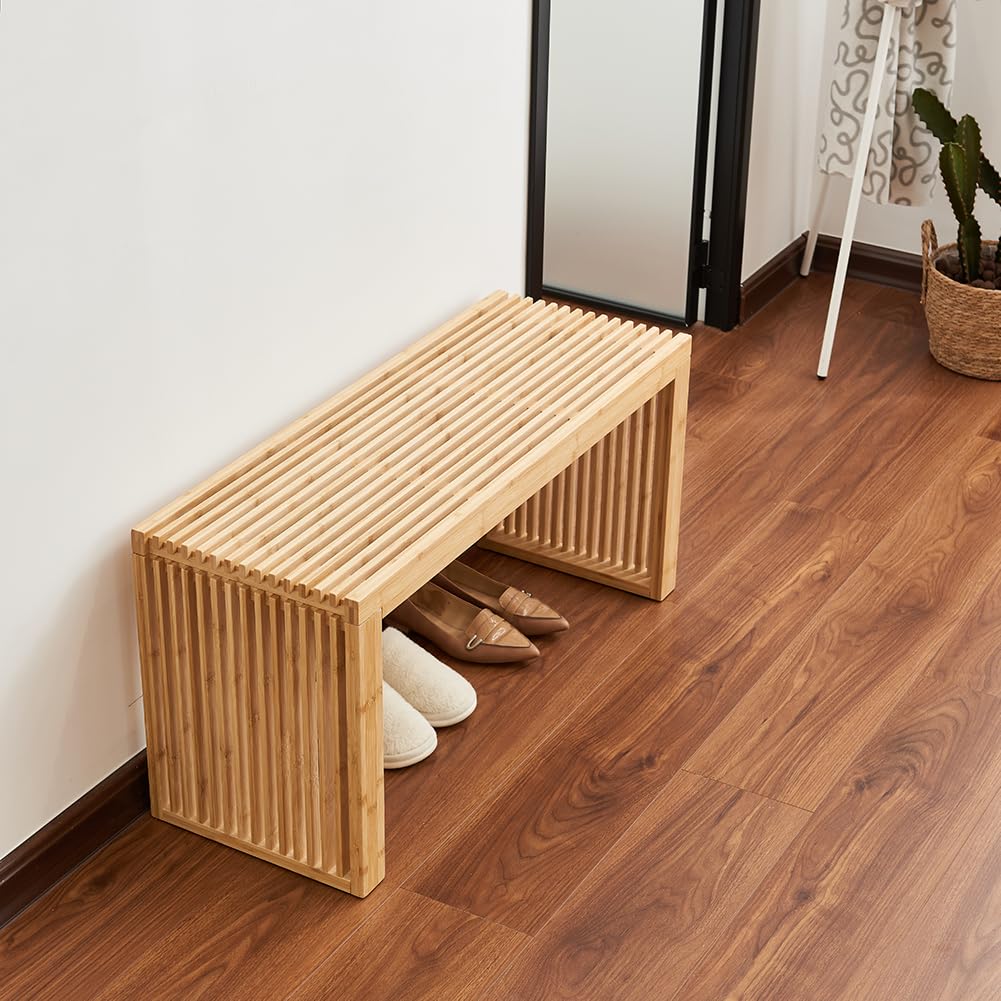 Versatile Wooden Slatted Bench - Sleek Modern Design for Dining, Entryway, Bedroom - Indoor Use with Storage Capability for Home, Kitchen, Bathroom & Beyond (Natural) Berkvee