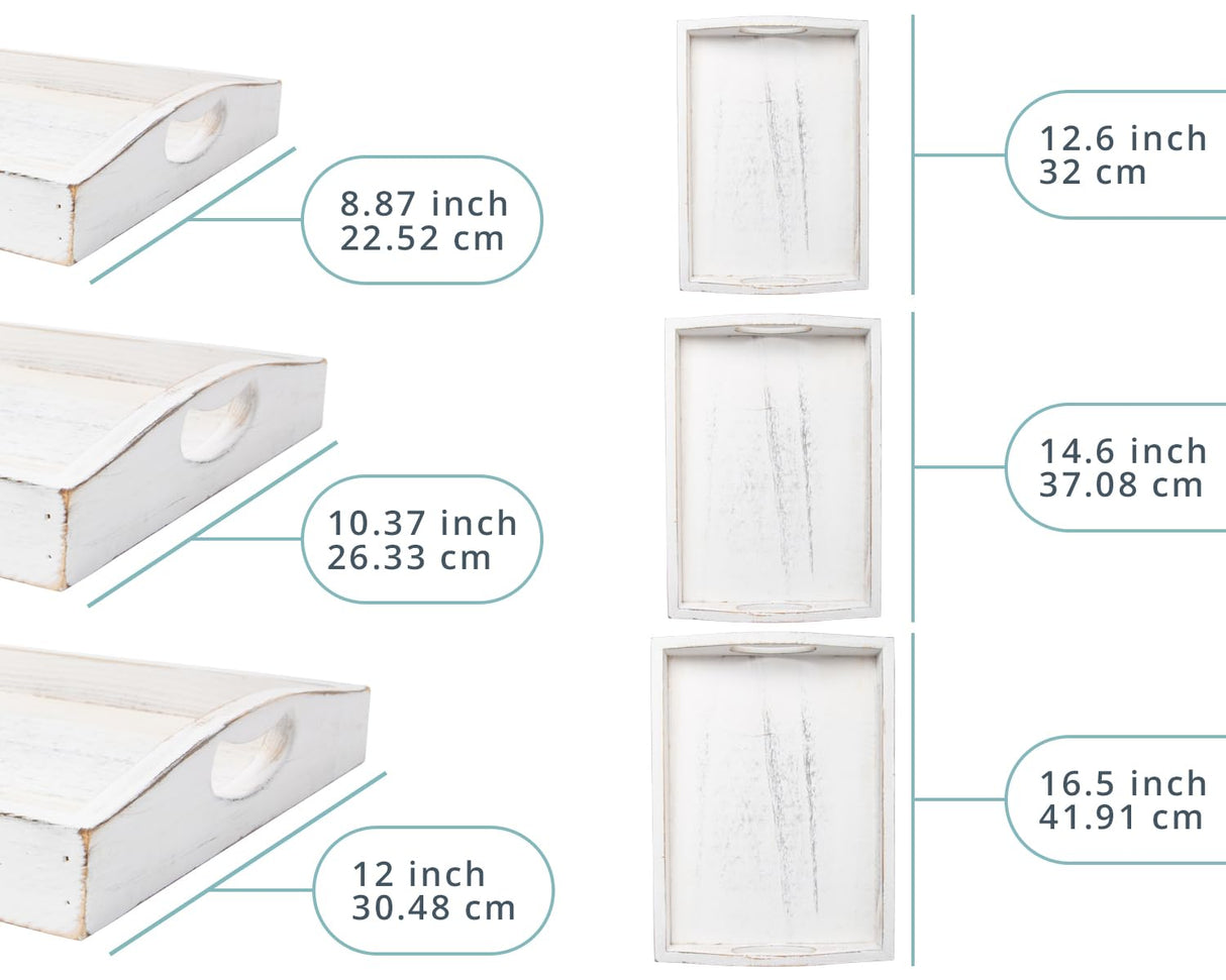 Serving Trays Set of 3 - Ottoman Wood Trays for Entertainment, Food and Décor - Rustic Farmhouse Distressed Wood Finish - Solid White Comfify