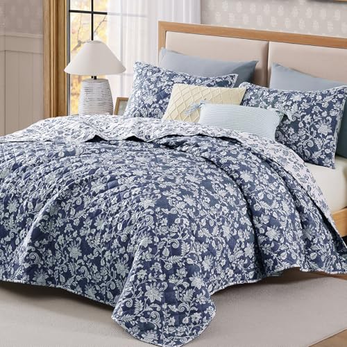 BLOOMHAVEN Quilt Set Queen Size, Oxford Blue Floral Quilt Sets, Reversible Bedspread Lightweight and Breathable for All Seasons, Soft Quilted Bedspread with 2 Pillow Shams BLOOMHAVEN